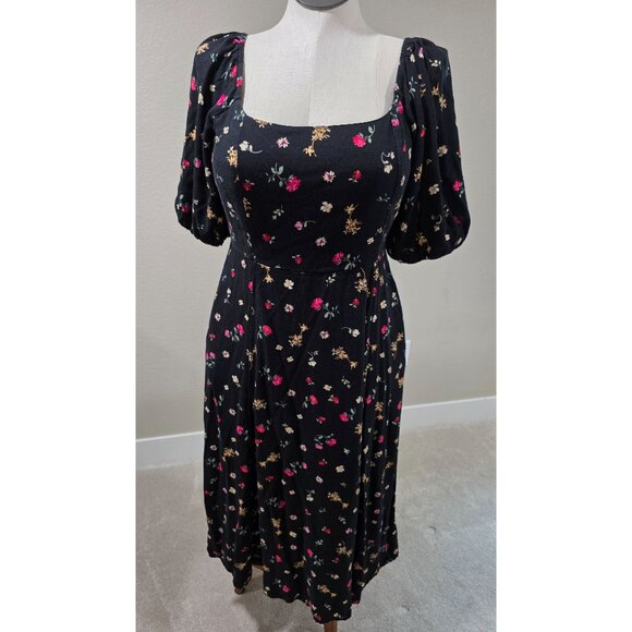 Floral Puff Sleeve Midi Dress With Pockets Black Multicolor - Picture 1 of 9